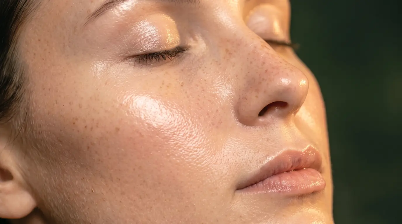 Close-up of bare, well-hydrated skin with a glass-like sheen across the cheek, nose and brow, pores and freckles still visible — the glass skin finish at Altru Radiance in Murray, Utah