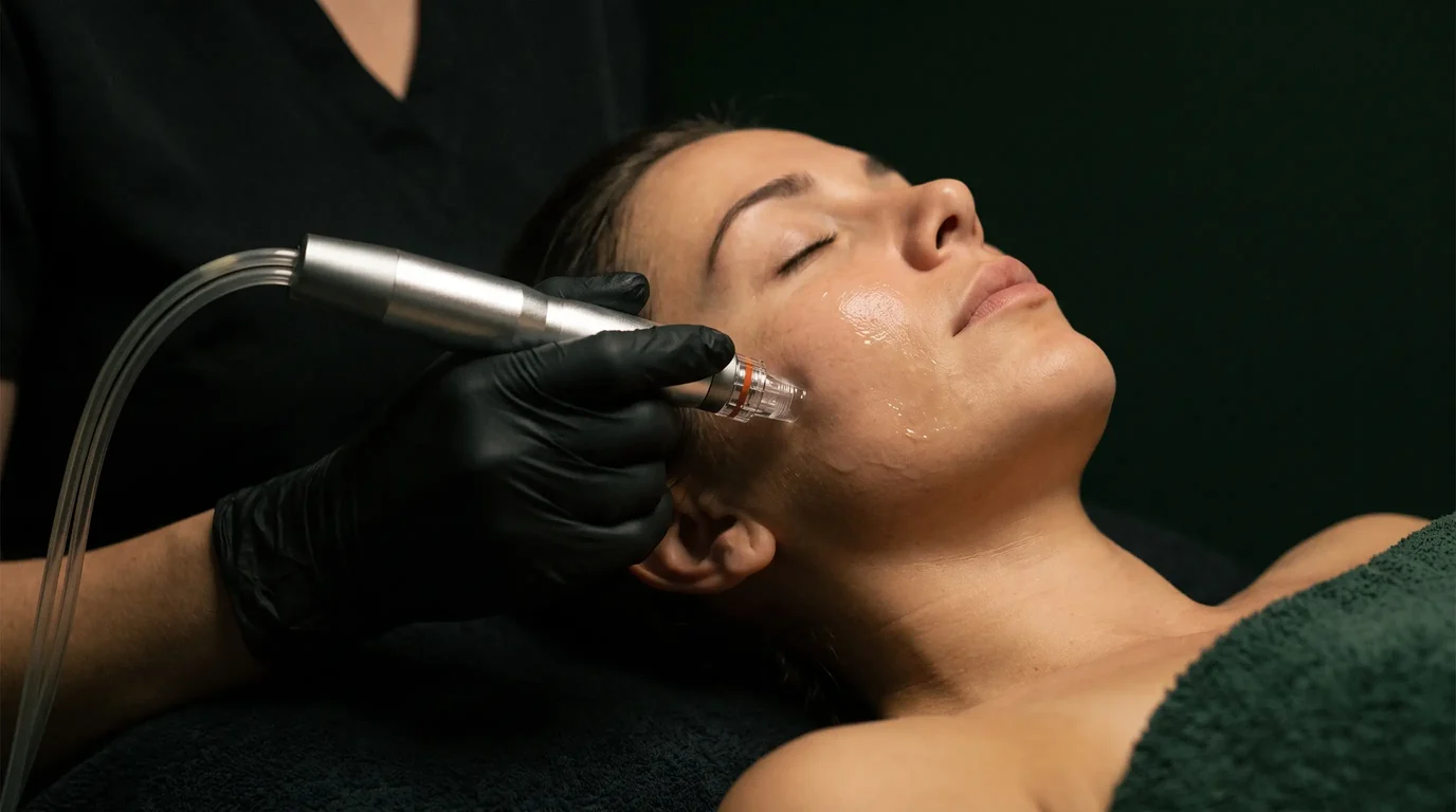 Korean Aqua Peel in progress at Altru Radiance in Murray, Utah — the hydradermabrasion handpiece and its clear spiral tip clearing the surface of the cheek