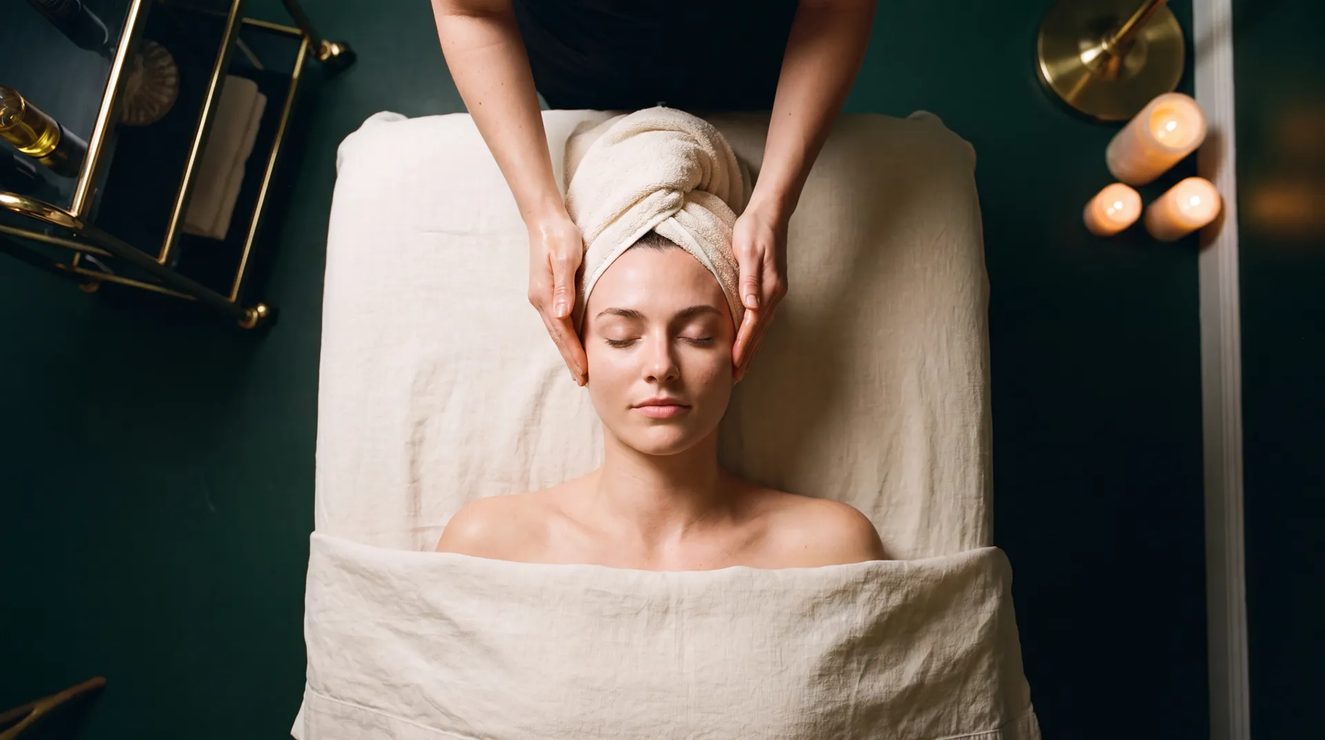 Esthetician's hands at the temples mid-facial, seen from above