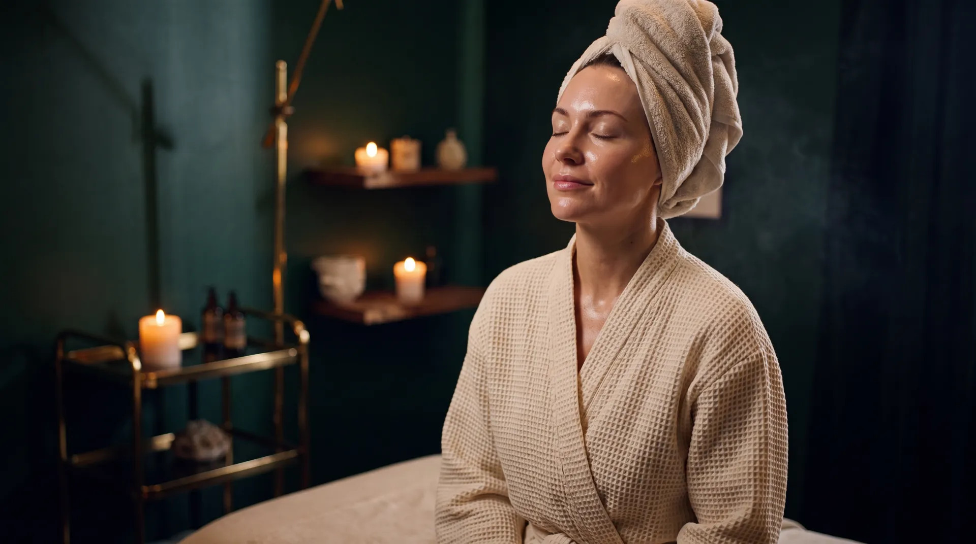 Client seated in a robe after a facial session at Altru Radiance, skin glowing in candlelight
